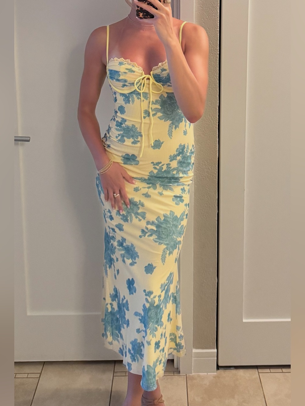 Yellow & Blue Floral Spaghetti Strap Maxi Dress